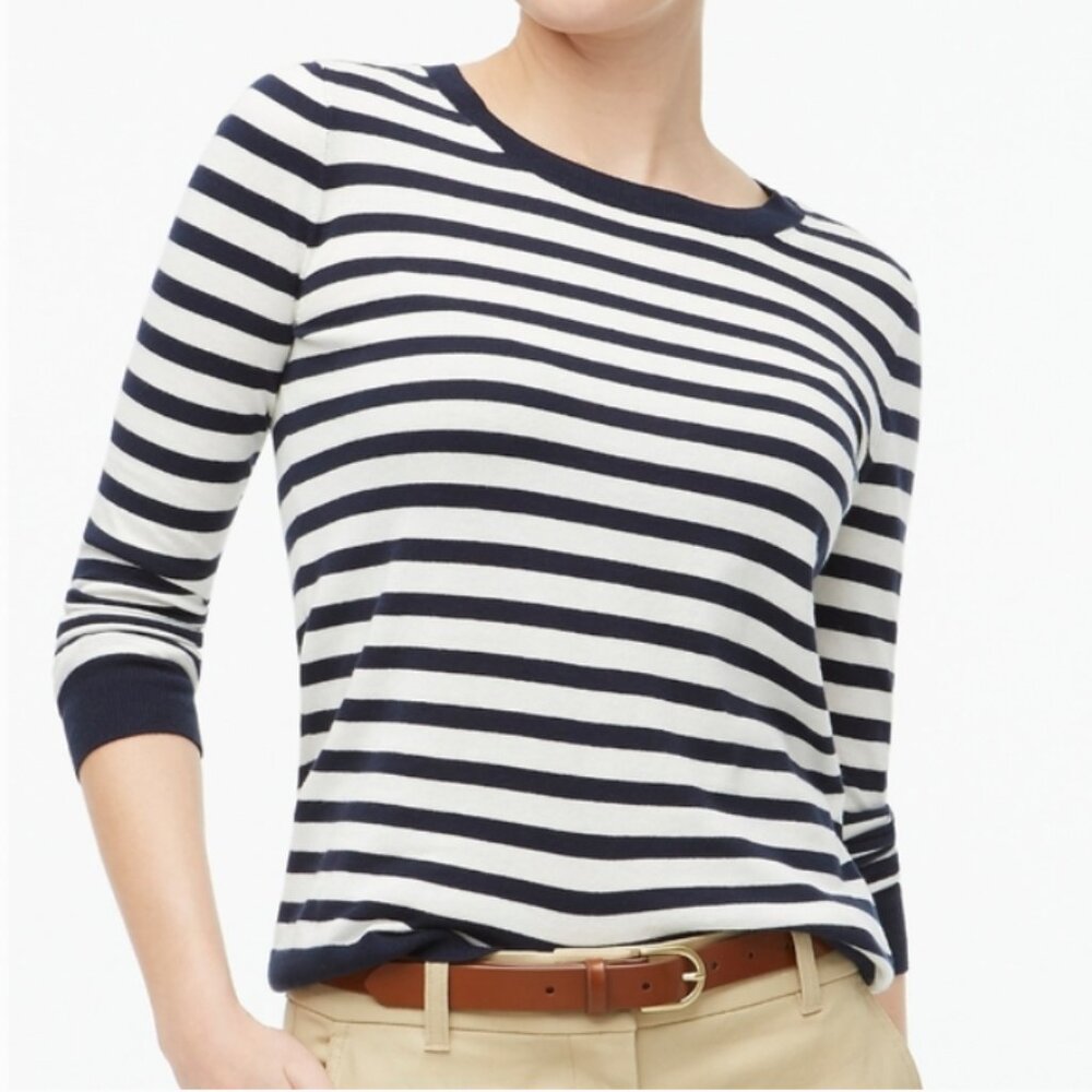 🌻J Crew Classic Stripe Pullover Cotton Teddie Long Sleeve Sweater Top Medium